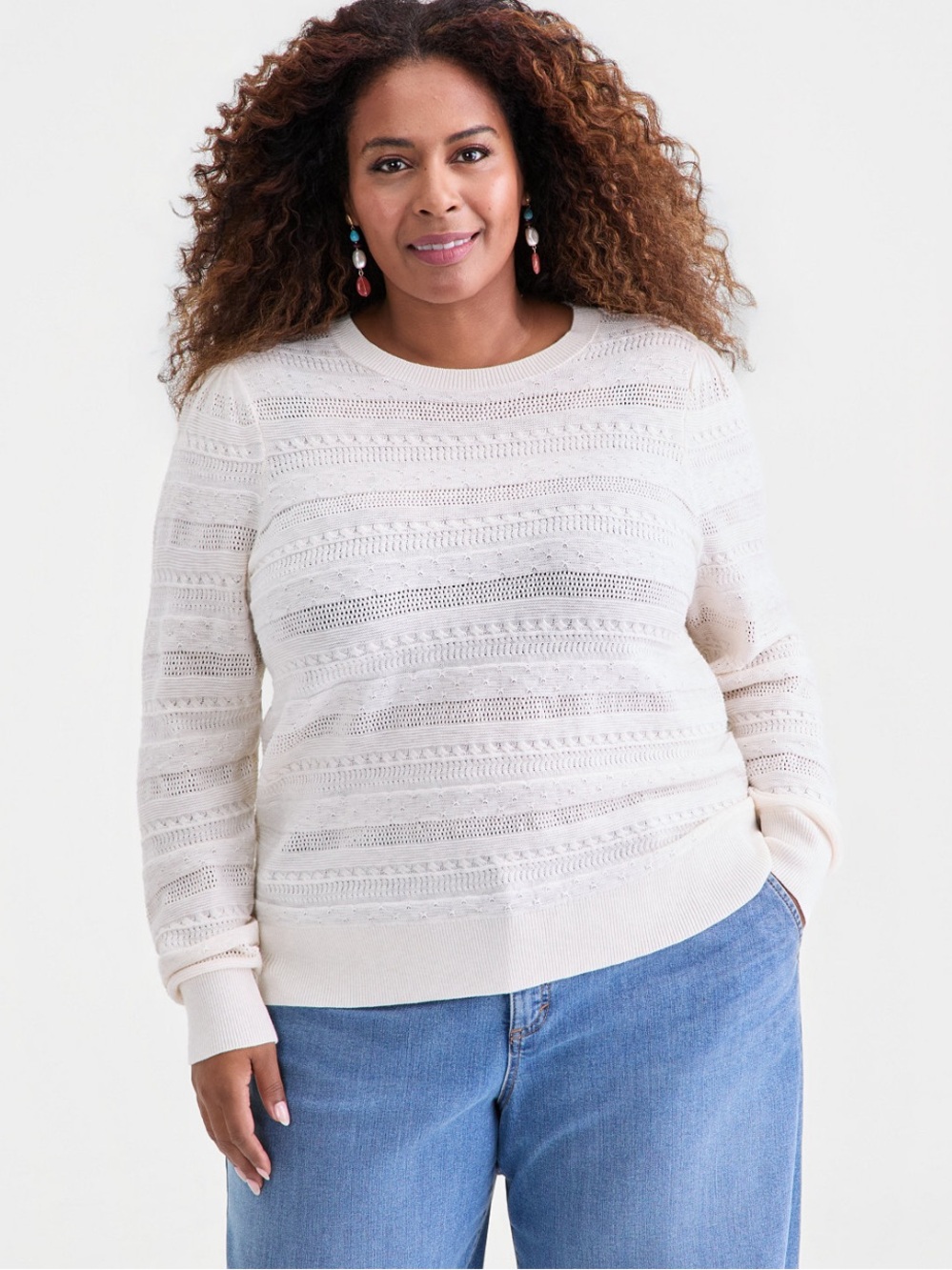 Preppy Pointelle Stripe Crewneck Sweater in Off White Classic NWT